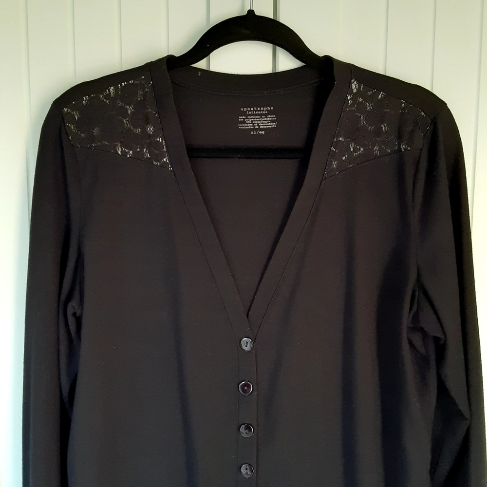 Apostrophie Intimates Black Cardigan with Lace Accents, Size XL